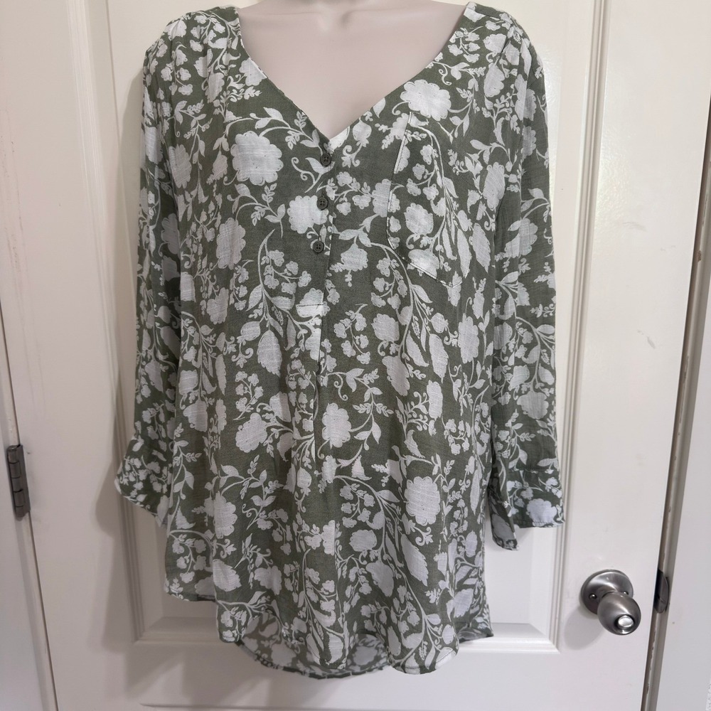 Fred David XL Sage Green Floral Blouse Women's Henley Boho Cottage NWT